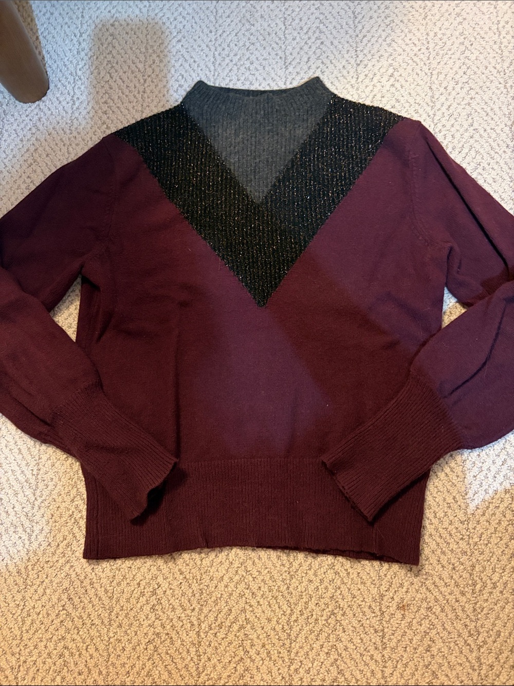 White + Warren Plum V-Neck Sweater with Black Chevron Accent